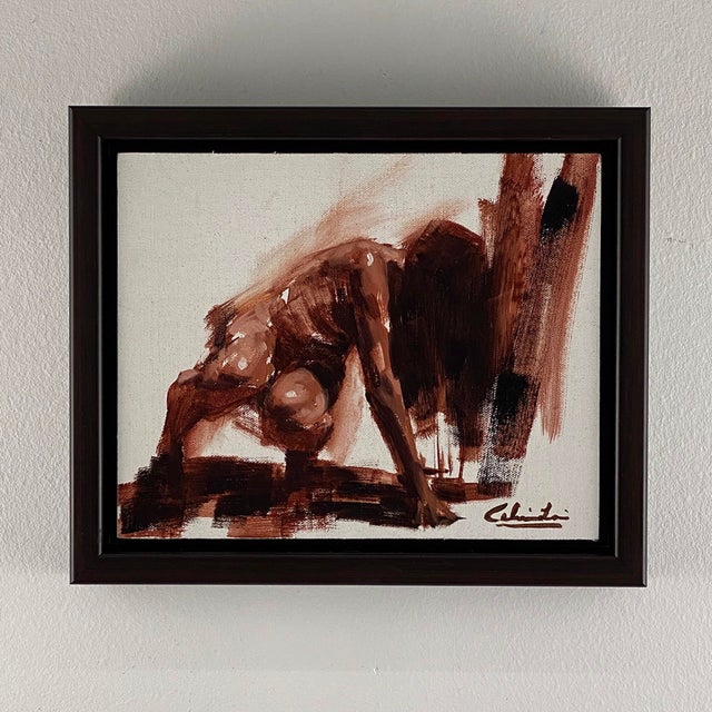 This artwork depicts a figure in a dynamic, crouched posture, capturing a moment of intense physicality and motion. The...