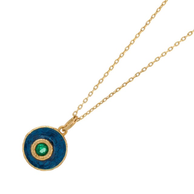 Gold Blue Enamel Jade Stone Evil Eye Pendant Gold Chain Necklace For Sale - Image 8 of 9