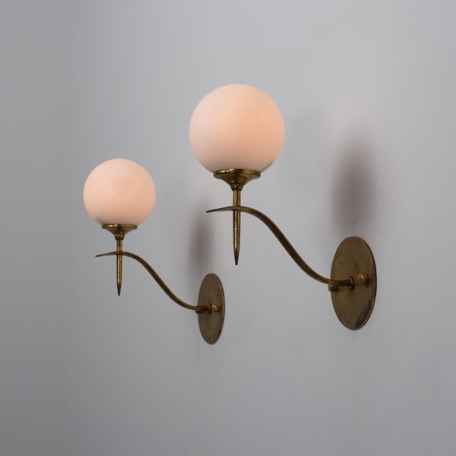 1950s Italian Brass and Opaline Glass Globe Wall Sconces, 1950s, Set of 2 For Sale - Image 5 of 11