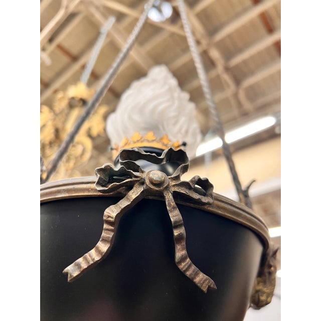 1920s French Empire Style Rococo Detail Hanging Pendant Light Featuring Rams Heads For Sale - Image 5 of 13