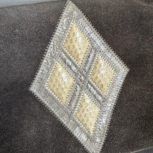 Vintage Italian Suede Clutch Purse Snakeskin Patchwork Leather Bag Gray Bakelite Style Closure Reghi Italy For Sale - Image 11 of 11