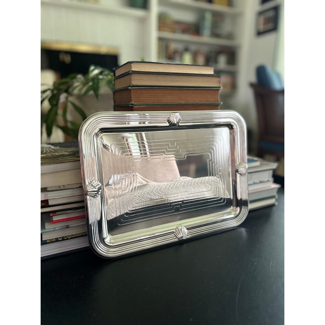 vintage Towle silverplate tray with a polished rectangular form, rounded corners, shell-style accents, and subtle Art...