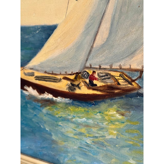 Vintage Mid-Century Nautical Sailboat Seascape Original Oil Painting in Gilt Frame For Sale - Image 4 of 11