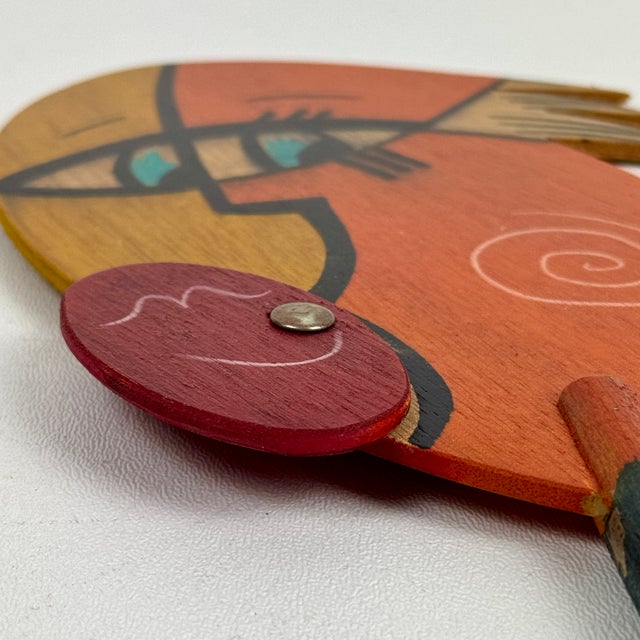 Mid 20th Century Vintage Whimsical Painted Wood Art Face Sculpture/Mask on a Stick For Sale - Image 5 of 7