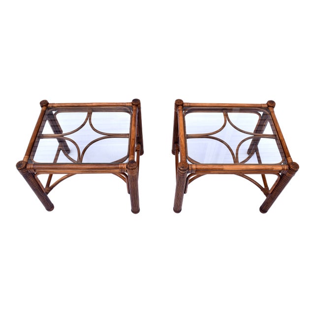 Bamboo Rattan Reed Side Tables, Pair For Sale