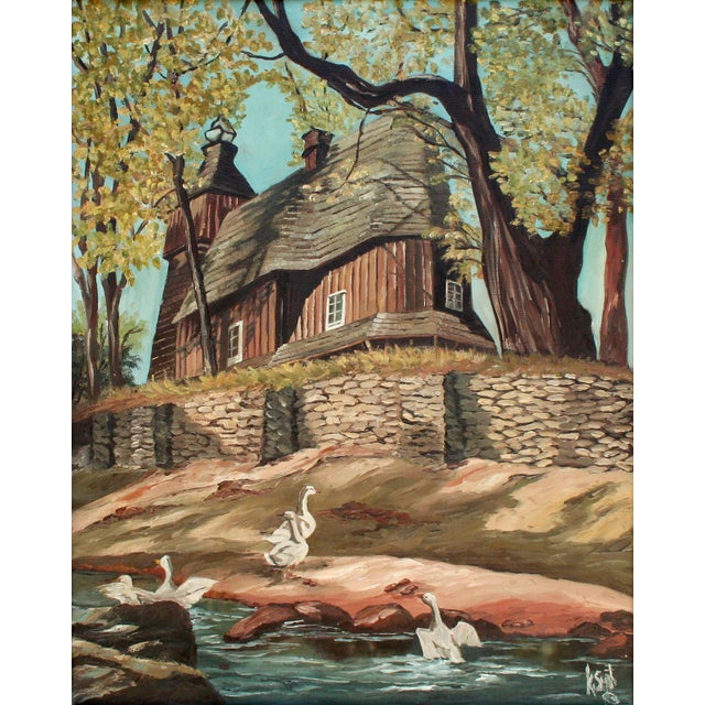 Charming landscape of a house along a lake with a flock of geese in the foreground by K. Smith (American, 20th Century)....