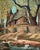 Charming landscape of a house along a lake with a flock of geese in the foreground by K. Smith (American, 20th Century)....