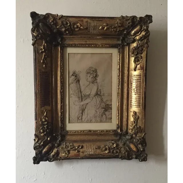 Gray Late 19th Century French Belle Epoque Drawing of a Seated Classical Lady Playing the Harp by Constantine Guys, Framed For Sale - Image 8 of 12