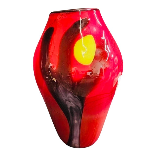 Vintage SDS Seapool Group Hand Blown Art Glass Vase 19” Red Black Yellow For Sale