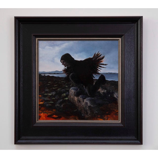 The artwork depicts a figure poised on the edge of a rocky landscape, embodying the myth of Icarus with dark, feathered...