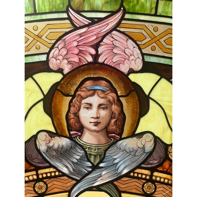 19th Century Stained Glass Window With Painted Angel Portrait in Original Frame For Sale - Image 4 of 17