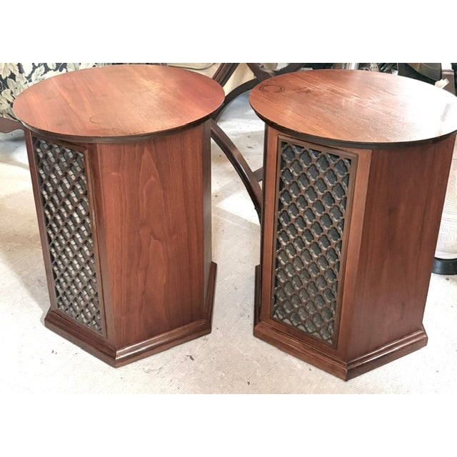 Mid Century Octagonal Walnut End Tables, Floor Speakers For Sale In New York - Image 6 of 11