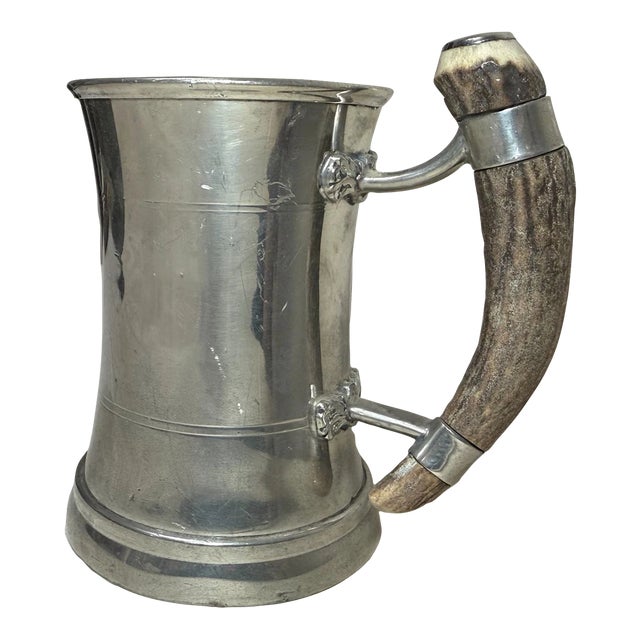 Vintage Handmade Polished Pewter Natural Stag Horn Glass Drinking Mug Stein Cup For Sale