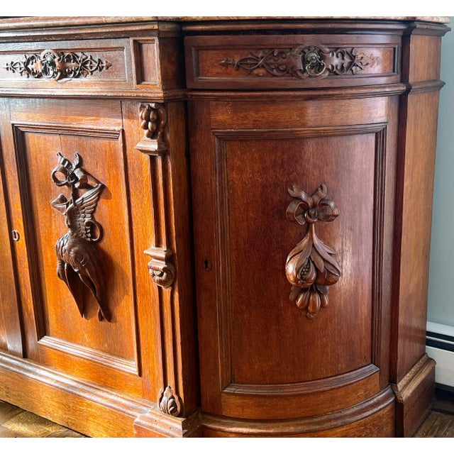 Early 20th Century Early 20th Century Victorian Carved Oak Sideboard Buffet Cabinet With Marble Top For Sale - Image 5 of 10