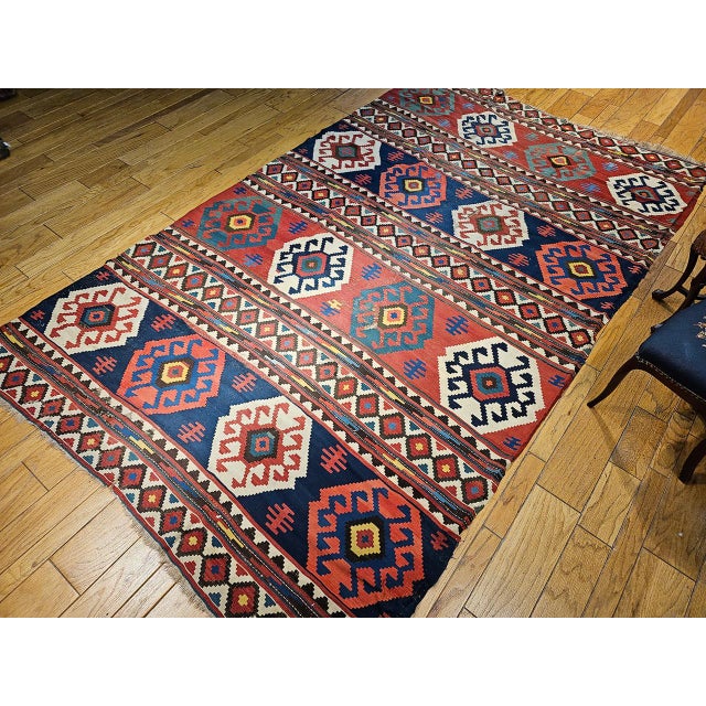 19th Century Caucasian Kazak Kilim, Geometric Pattern, Wool Flatweave, Blue & Green, 7' X 12' For Sale - Image 11 of 18