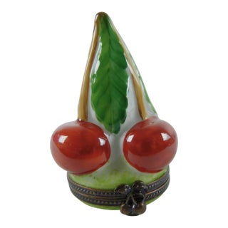 Limoges France Porcelain Plump Red Cherries Trinket Box | Hand Painted by the b.r.c. Studio. For Sale