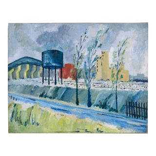 Industrial Landscape With Trees in Oil on Linen by Doris Lyons Hoover For Sale
