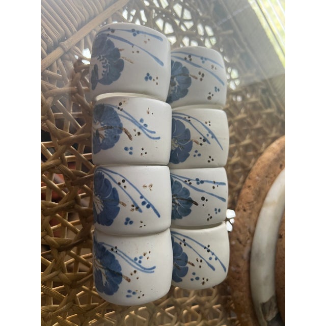 Nautical 1980s Pottery Napkin Rings With Crayfish/Crawdad Design in Blue- Set of 8 For Sale - Image 3 of 4