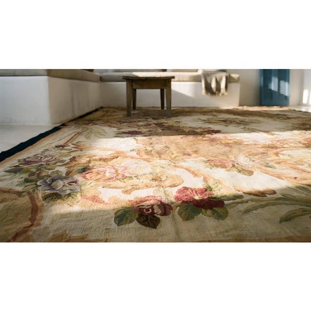 1870s Brown Floral Medallion Antique French Aubusson Napoleon III Carpet 11' X 13' 7" Flatweave Wool Rug For Sale - Image 12 of 12