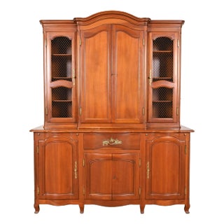 John Widdicomb French Provincial Louis XV Carved Cherry Wood Breakfront Bookcase Cabinet, Circa 1950s For Sale