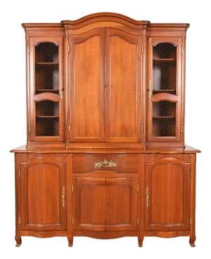 John Widdicomb French Provincial Louis XV Carved Cherry Wood Breakfront Bookcase Cabinet, Circa 1950s