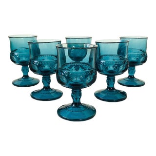 Blue Goblets - Kings Crown by Indiana Glass - Set of 6 For Sale