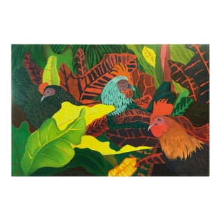 Marc Zimmerman "Lost and Found Chickens" Oil Painting, Tropical Chickens in Botanical Setting, Deep Green and Red, Contemporary Art West Coast For Sale