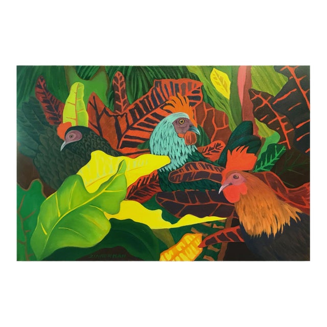 Marc Zimmerman "Lost and Found Chickens" Oil Painting, Tropical Chickens in Botanical Setting, Deep Green and Red, Contemporary Art West Coast For Sale