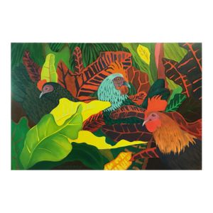 Marc Zimmerman "Lost and Found Chickens" Oil Painting, Tropical Chickens in Botanical Setting, Deep Green and Red, Contemporary Art West Coast