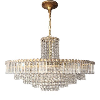 1950s Art Deco Low Plafonnier Crystal Brass Lustre Gold Chandelier For Sale