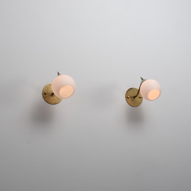Italian Brass and Opaline Glass Sconces with Light Green Details, 1950s, Set of 2 For Sale - Image 4 of 9
