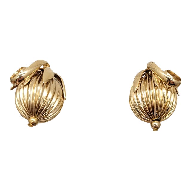 Vintage Signed Napier Book Piece Goldtone Ribbed Cumquat Clip Earrings- 2 Pieces For Sale