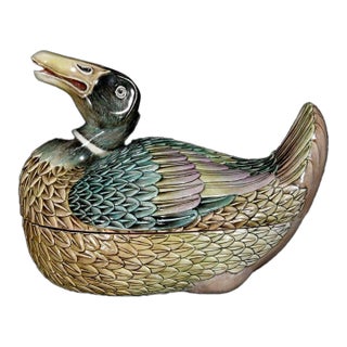 Vintage Famille Rose Porcelain Duck Tureen – 7.5" Lidded Box With Gilt Calligraphy For Sale