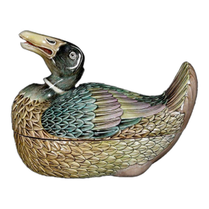 Vintage Famille Rose Porcelain Duck Tureen – 7.5" Lidded Box With Gilt Calligraphy