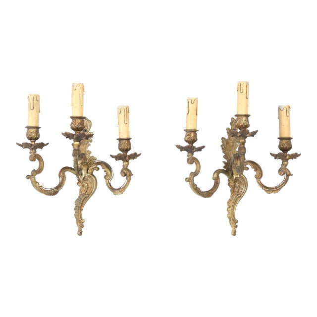French Wall Sconces in Rococo or Louis XV Style in Solid Brass With Old Gilding For Sale