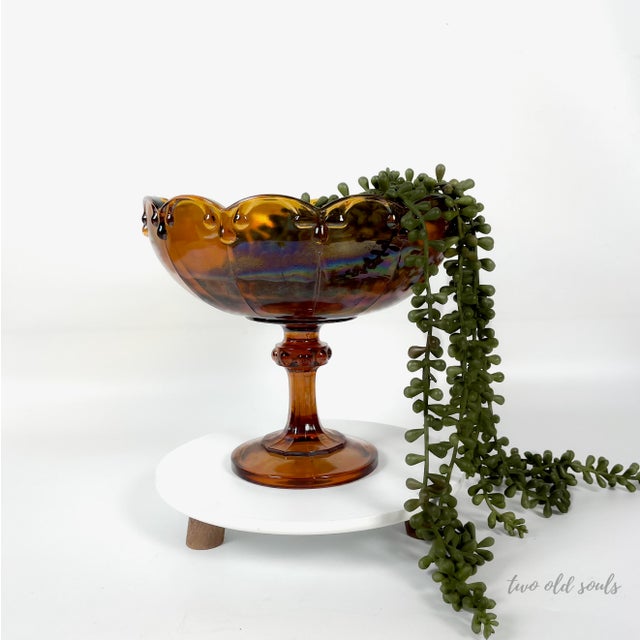 Vintage Scalloped Amber Carnival Glass Pedestal Bowl For Sale - Image 9 of 9