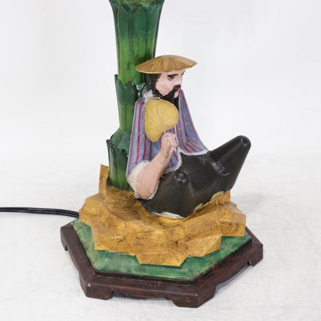 Pair of Vintage Hand-Painted Chinoiserie Tole Palm Tree and Figurine Table Lamps For Sale - Image 9 of 12