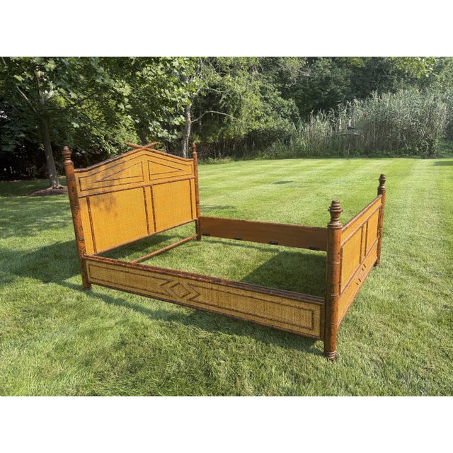 British Colonial Style Faux Bamboo and Rattan Queen Bed in Tortoise Finish For Sale - Image 4 of 12