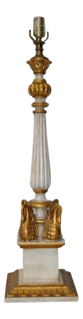 Carved, Painted & Gilded Italian Table Lamp W/ Swans C.1950s
