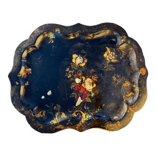 19th C. English Market Papier Mache Serving Tray in the Style of Jennins and Bettridge For Sale