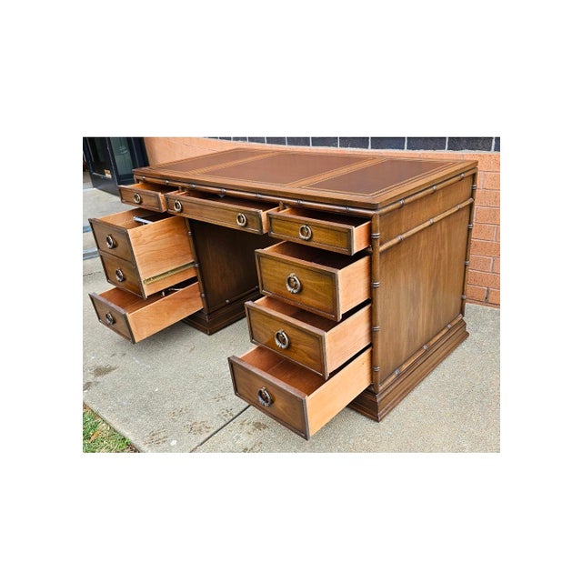 Sligh Walnut Faux Bamboo and Stenciled Leather Top Insert Executive Desk For Sale In Washington DC - Image 6 of 10