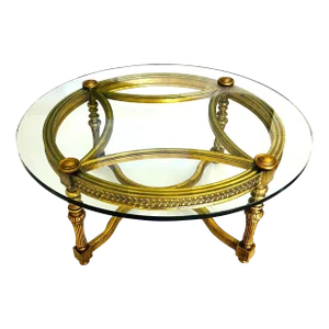 Vintage Louis XIV Style Gold Leaf Carved Wood and Glass Coffee Table