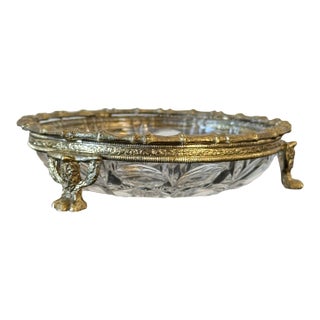 Vintage Cut-Glass Trinket Bowl With Brass Claw Foot and Bamboo Detail For Sale