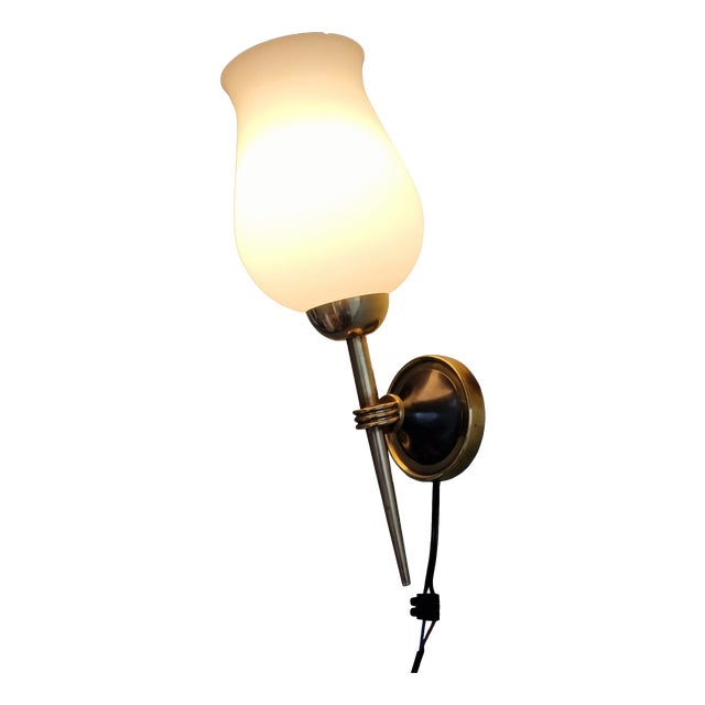 Vintage Wall Sconces in Brass and Opaline Glass from Arlus, 1950s, Set of 2 For Sale