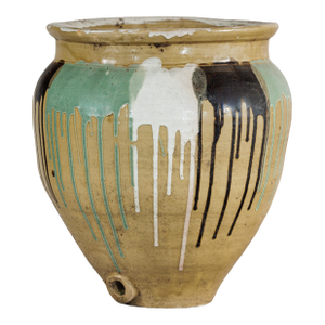 Large Antique Japanese Drip-Glazed Stoneware Jar with Multicolor Runs