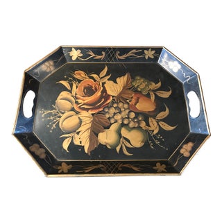 1940’s Hand-Painted Roses Pilgrim Art Toleware Metal Tray For Sale