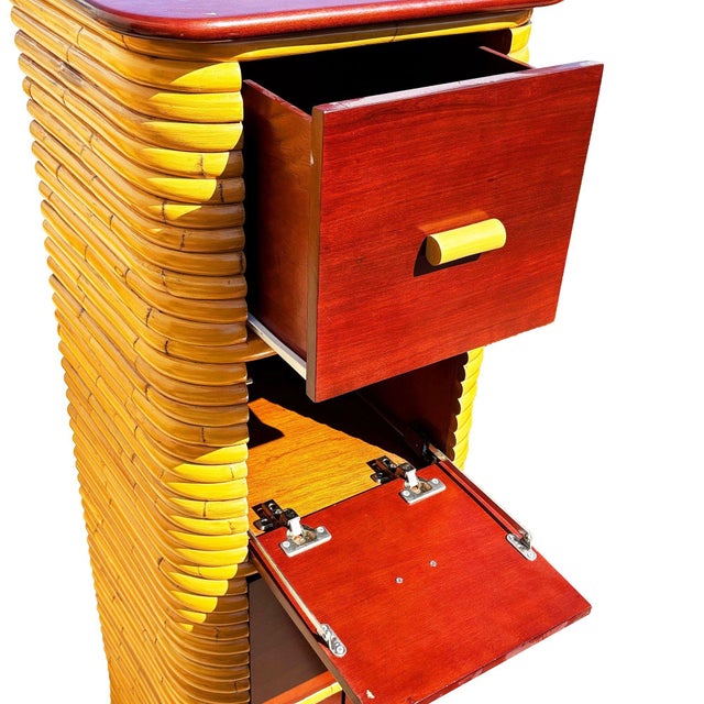 1970s Restored Paul Frankl Style Stacked Rattan & Mahogany Cabinet W/ Drawers For Sale - Image 4 of 5