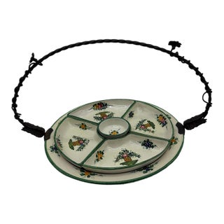 Vintage Italian Hand-Painted Ceramic Antipasto Set With Wrought Iron Handle, Divided Serving Tray - 6 pcs For Sale