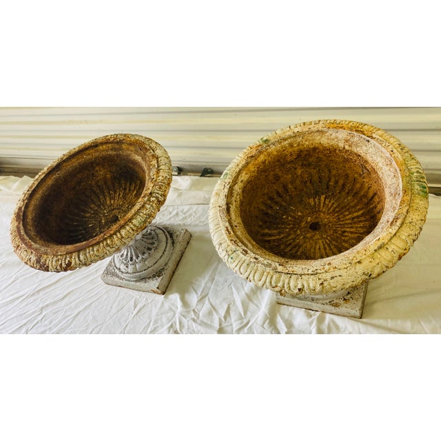 White Large Pair Antique White & Rust Neoclassical Iron Garden Planters Early 20th Century For Sale - Image 8 of 10