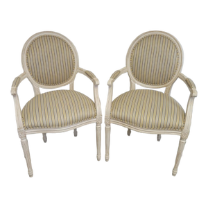 Ethan Allen Louis XVI French Striped Style Oval Back Armchairs in Distressed White Finish